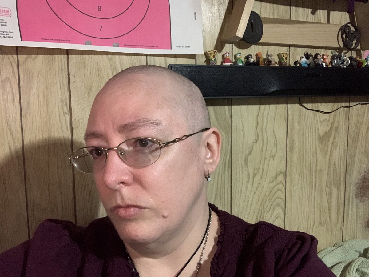 author_webb's tweet photo. It’s all gone and I cried during the whole process. My wonderful husband shaved his as well. I anticipate a few more days of feeling hideous after losing my waist length red hair. Too much time away from work on FMLA. Find myself crying and praying. https://t.co/PLe3OBeN1U https://t.co/vVmWDgfhsd