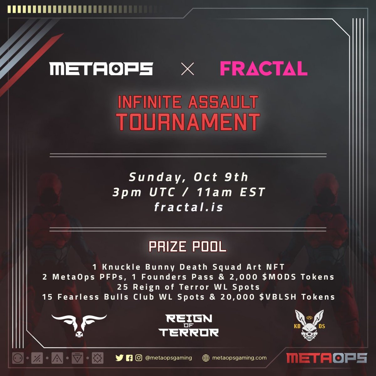 MetaOpsGaming's tweet photo. We need you on the front lines‼️ Help us defend the MetaOps #Metaverse against an increasingly powerful army of enemies before it's too late🪖

The Infinite Assault starts tomorrow at 10am CST &amp; it's free to play, so will you join the fight?

#Web3 #Gaming #GameFi https://t.co/Uo4AvX0pKi