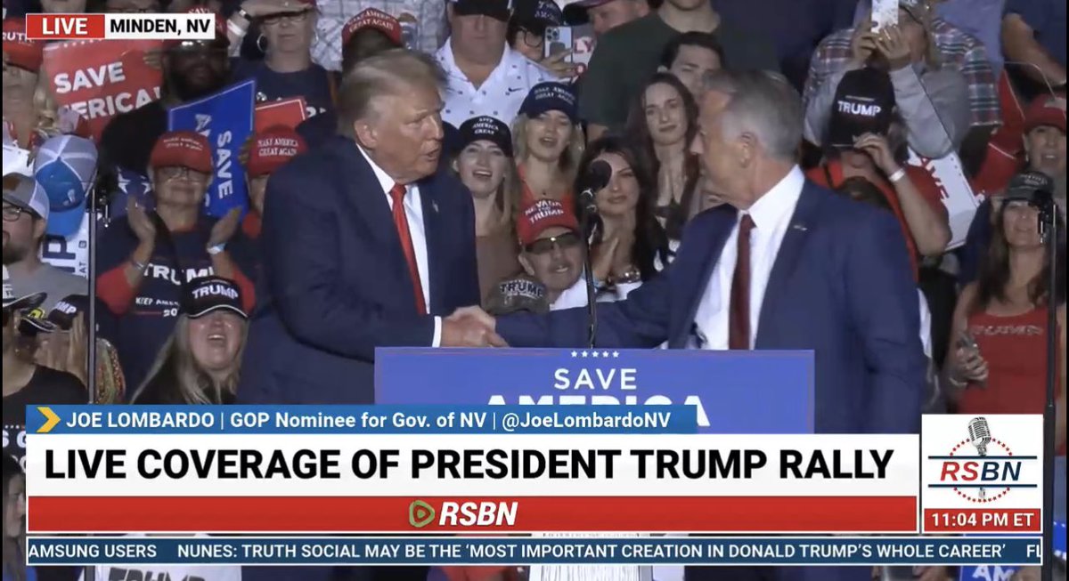 BattleBornProg's tweet photo. Aw, wouldn’t you look at that. Best buds, Orange Man, Donald Trump, and @JoeLombardoNV! Joe, we thought you were trying to distance yourself from the Orange Man? You look very cozy right next to him! #threepeasinapod #nvgov #TrumpRally #Minden https://t.co/qwpRe7IL4i