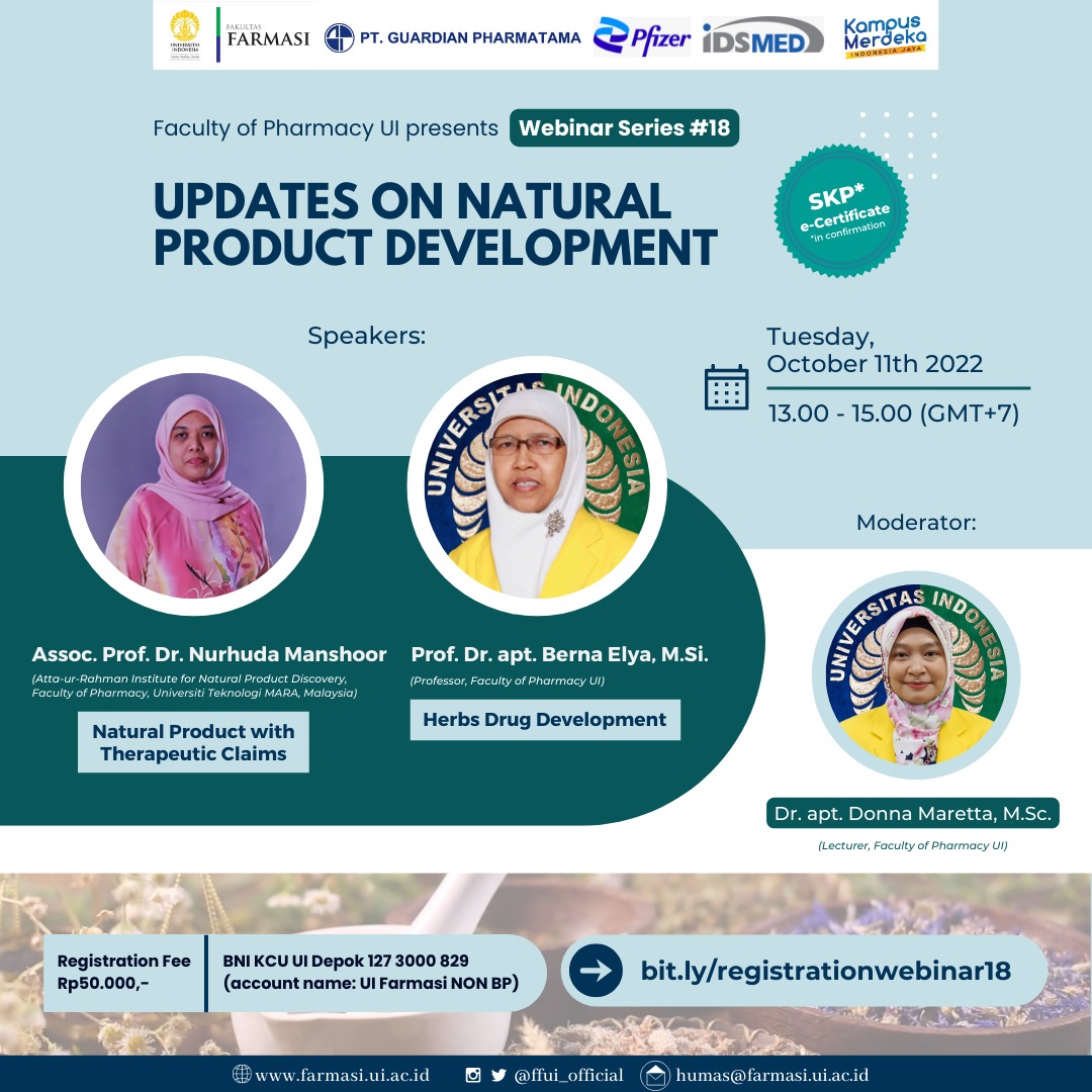 ffui_official's tweet photo. [WEBINAR SERIES #18 FFUI]

Faculty of Pharmacy Universitas Indonesia proudly present a webinar, "Updates on Natural Product Development".

🗓 Tuesday, October 11th 2022
🕐 01.00 - 03.00 PM (Jakarta Time)

#WebinarSeriesFFUI
#FakultasFarmasiUI
#FFUI https://t.co/Wh2bLUxF59