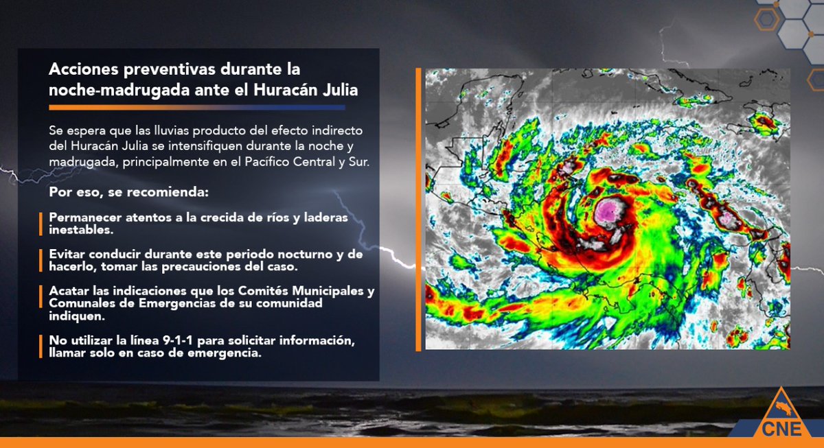 CNECostaRica's tweet photo. Durante esta noche y madrugada, debemos permanecer atentos al aumento de lluvias, se espera que el centro del Huracán Julia toque suelo de Nicaragua esta noche. https://t.co/WkxZAvPOAV