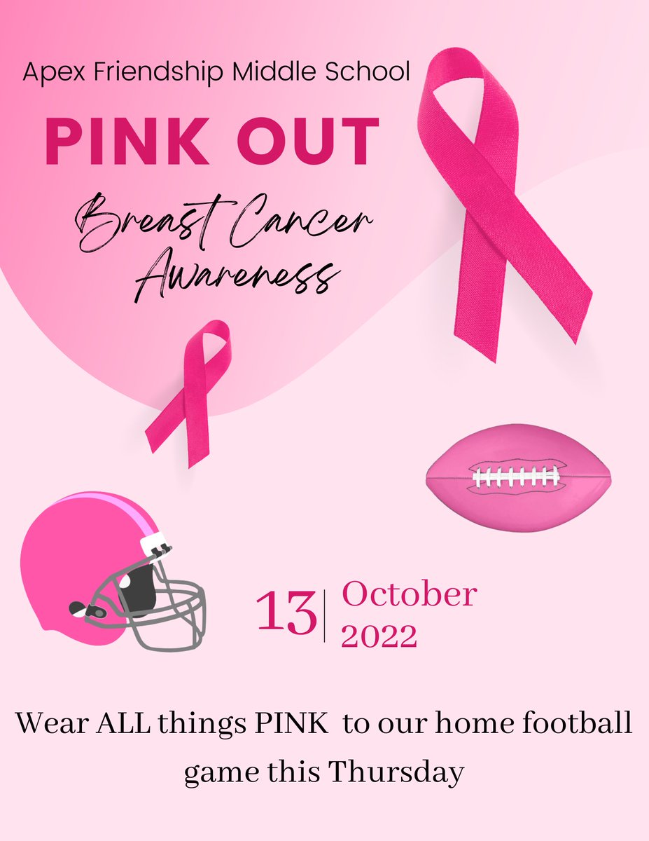 AfmsStu's tweet image. This Thursday, October 13th, is PINK OUT for our home football game. Let’s turn our sideline into ALL pink! #breastcancerawareness #AFMS #PinkOut #Football
