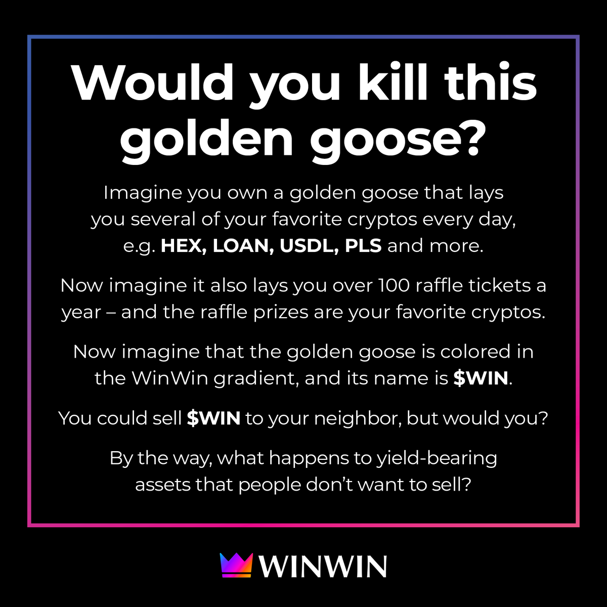 winwindefi's tweet photo. #Hexicans and #PulseChain, don't sleep on the glorious technicolor goose that is $WIN. 

#neverselling @liquidloansio @Mintraio @internetmoneyio @POWERCITYio https://t.co/aoSt08d4x0