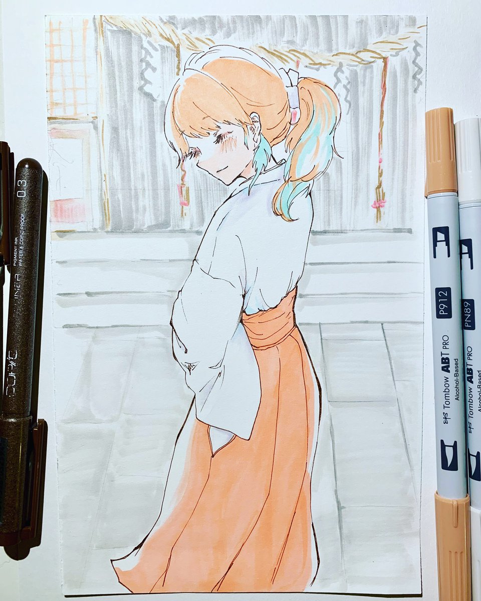takanashi kiara 1girl solo traditional media japanese clothes ponytail orange hair skirt  illustration images