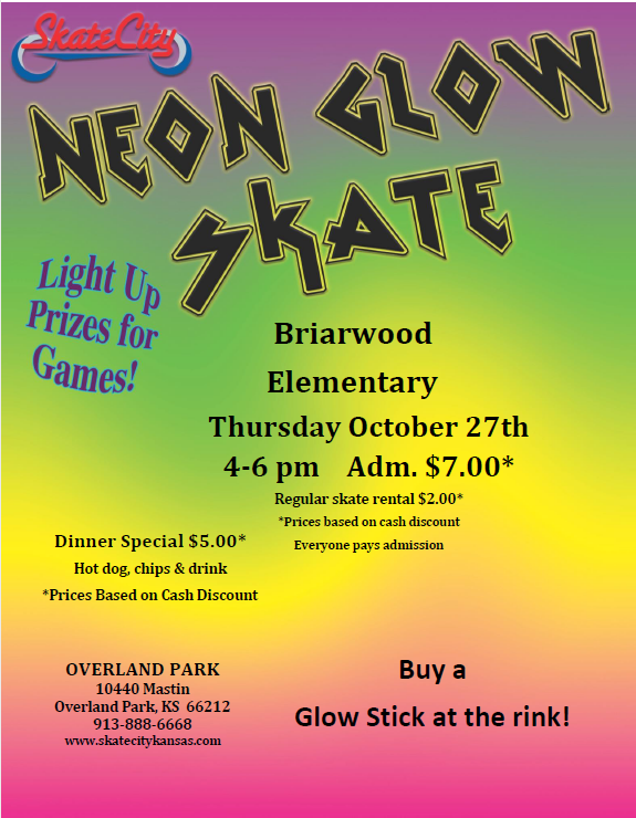 Come on out to the Neon Glow Skate Party on Thursday, October 27th from 4 to 6 PM at Skate City Overland Park.  Cost of skating and skate rental not included.