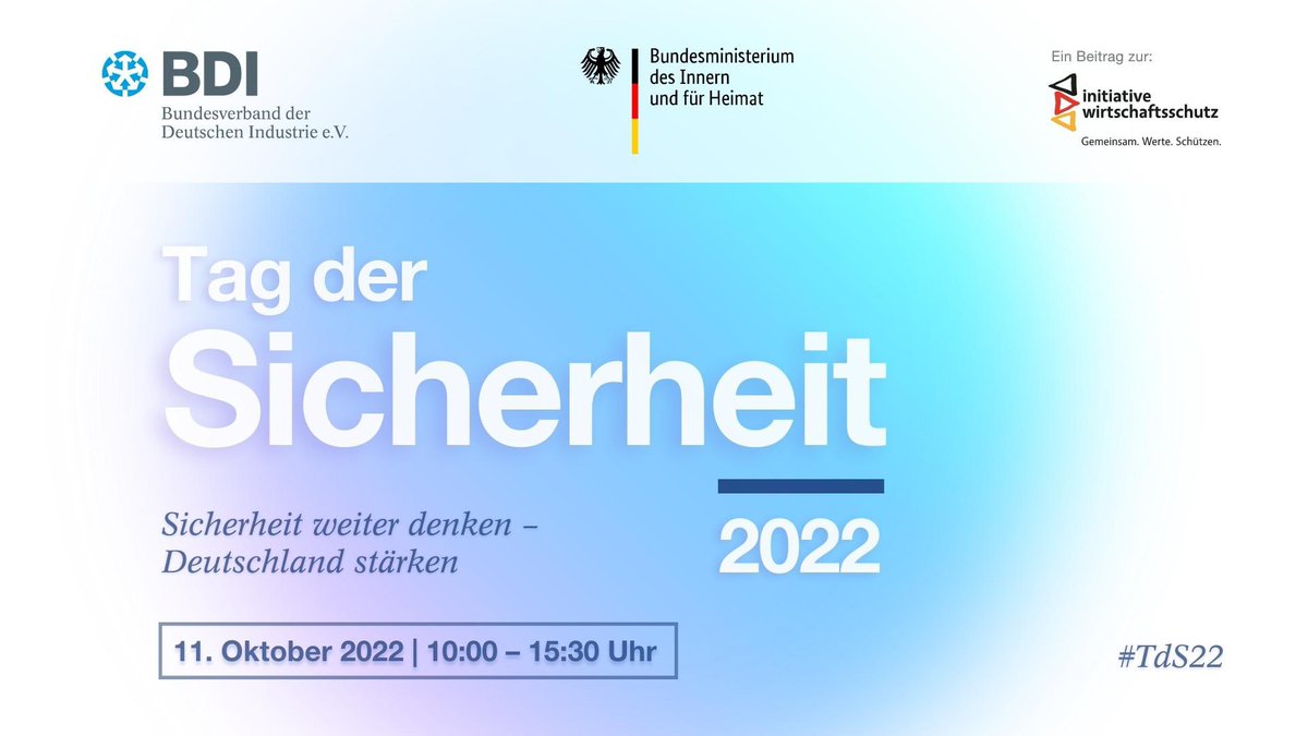 ⏰️ Last call für den gemeinsamen Tag der Sicherheit #TdS22 von <a href="/Der_BDI/">BDI</a> und <a href="/BMI_Bund/">Bundesministerium des Innern</a> 

#Zeitenwende #KRITIS #sicherheit #wirtschaftsschutz

⬇️ Anmeldung und Programm ⬇️
bdi.eu/termin/news/ta…