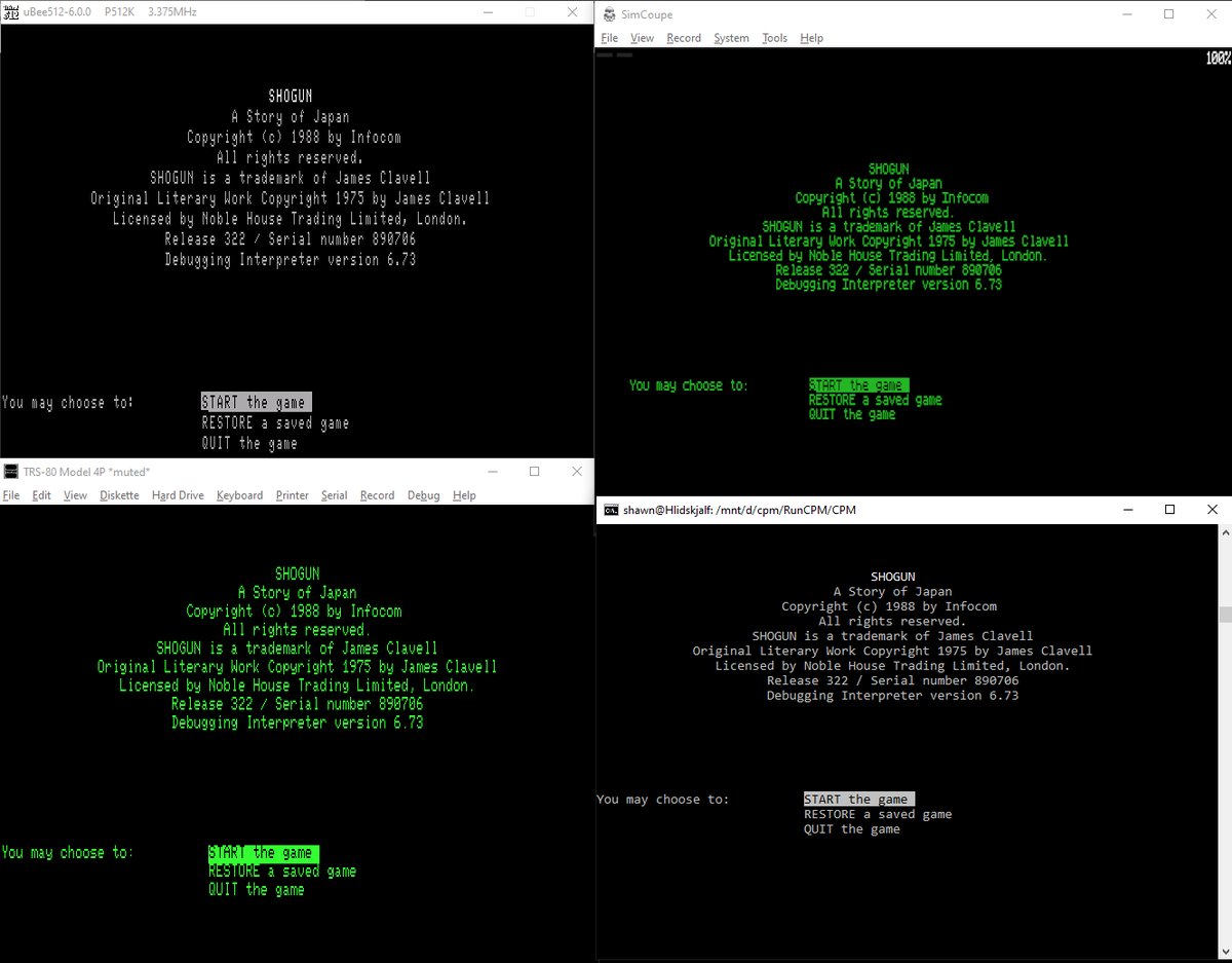 sijnstra's tweet photo. For those following the Vezza CP/M #infocom #zmachine interpreter development, this week saw a few updates. Cosmetic fixes for Shogun. New ports available for #RunCPM #MSX2 and #KayPro - almost enough platforms for @8bit_era . Download: https://t.co/plNLfAuTMs https://t.co/8A0tkaHF8Q