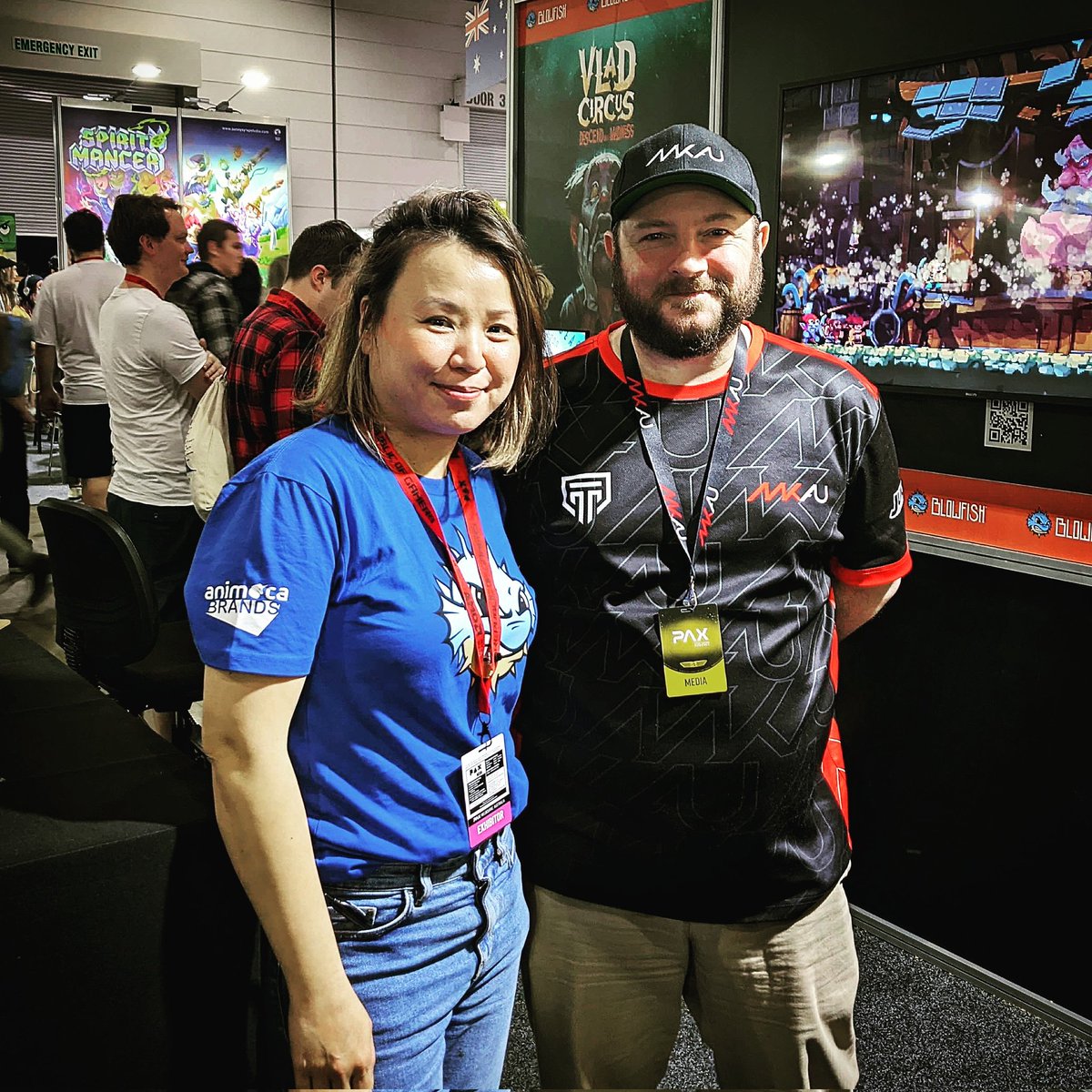 MKAUGaming's tweet photo. Shout out to Fann, and the team over at @blowfishstudios for showing us some games at @PAXAus this weekend. 🎮 https://t.co/dsenR8d7Eu