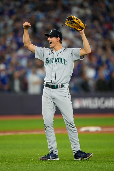 George Kirby celebrates after finishing out the Mariners Wild Card win. 