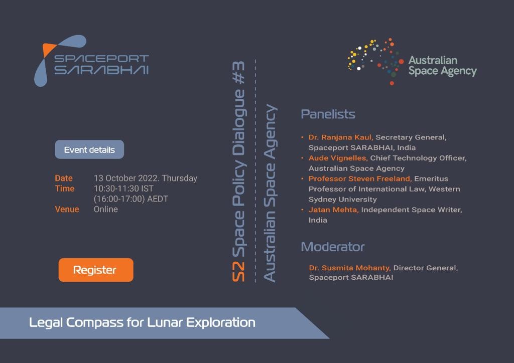 Spaceport SARABHAI (S2) to co-host its next space law and policy panel with the Australian Space Agency on 13th Oct at 10:30 AM IST. The discussion is meant to strengthen bi-lateral cooperation and strategic exchange of ideas. Details & Registration: us06web.zoom.us/webinar/regist…