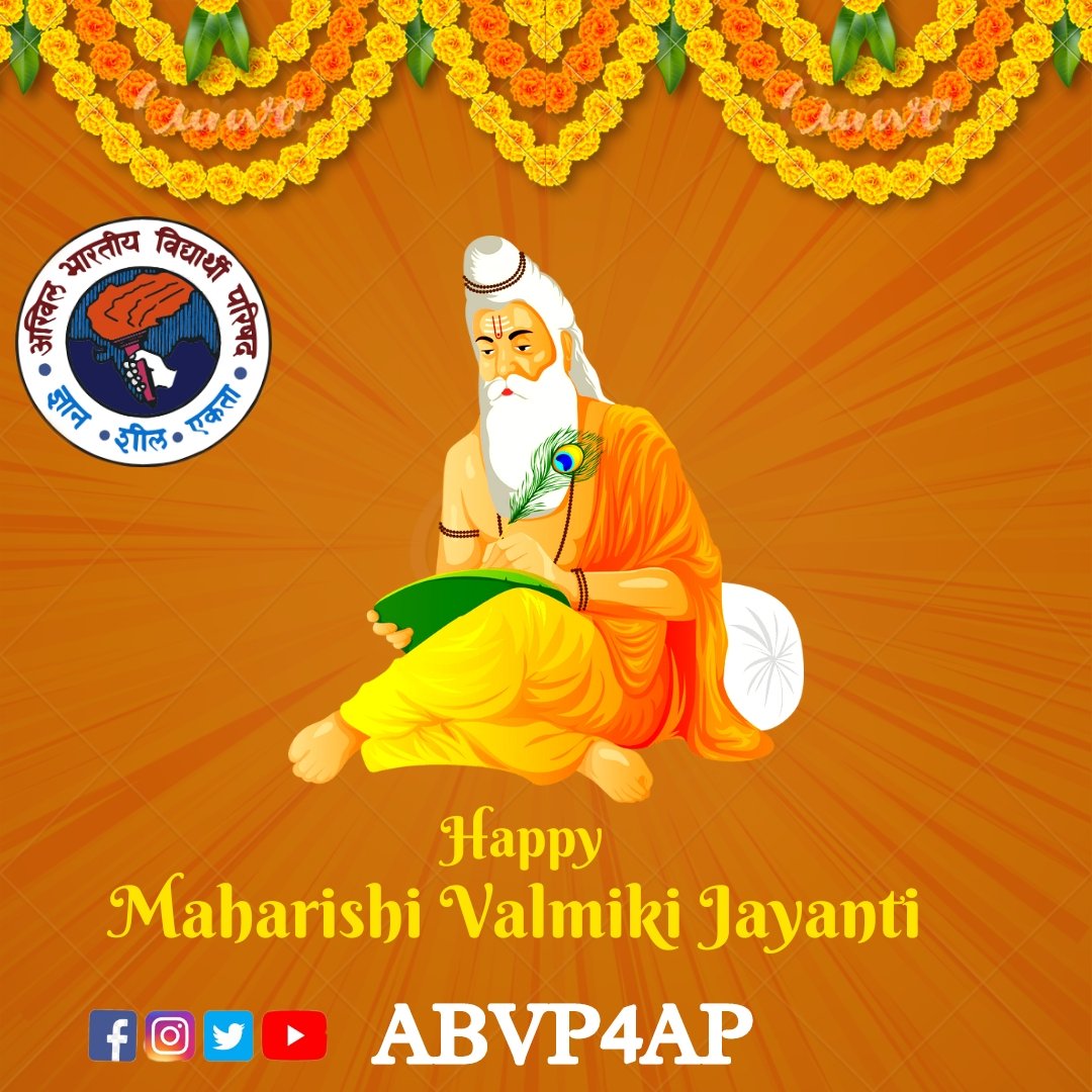 ABVP4AP's tweet photo. May the blessings of Maharishi Valmiki and Lord Rama be upon you throughout your lives.
Happy Maharishi Valmiki Jayanti

#MaharishiValmikiJayanti
#ValmikiJayanti https://t.co/P1bxwPFHiu