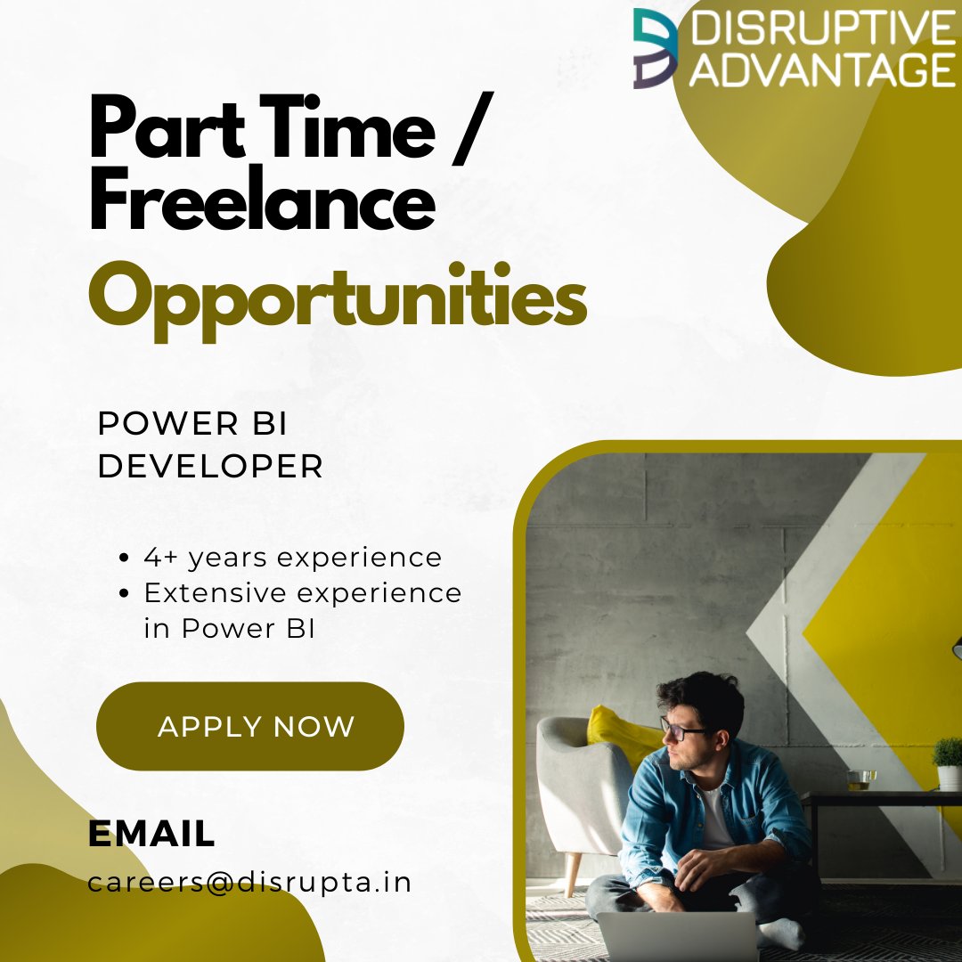 disruptive_adv's tweet photo. Part Time / Freelance Opportunities at DA
Power BI Developer
Do email us at careers@disrupta.in today!
#PowerBIDeveloper #PowerBI #PowerBIJobs #FreelanceOpportunities #Freelance #PartTime #Freelancers #D365Developer #Jobs #Careers #JobOpening #JobAlert #Dymanics365 https://t.co/3dPs97WReQ