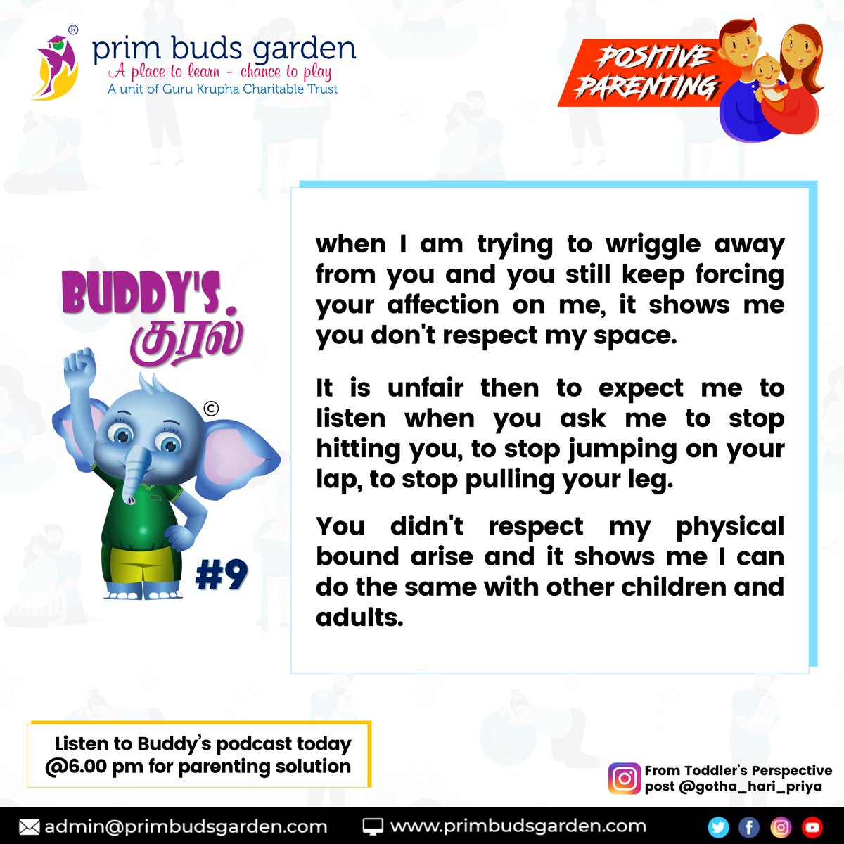 primbudsschool's tweet photo. 👨‍👨‍👧‍👦Parenting in a new perspective #9.
😃Follow us for new parenting tip every Sunday &amp; also listen to our podcast @6:00pm! 
Join us for 360' learning...! 
#primbudsgardenschools #buddytalks #kural #buddy #kids #youtube #originals #parenting #modernsolution #paretingtips #podcast https://t.co/dgh6kU4fou
