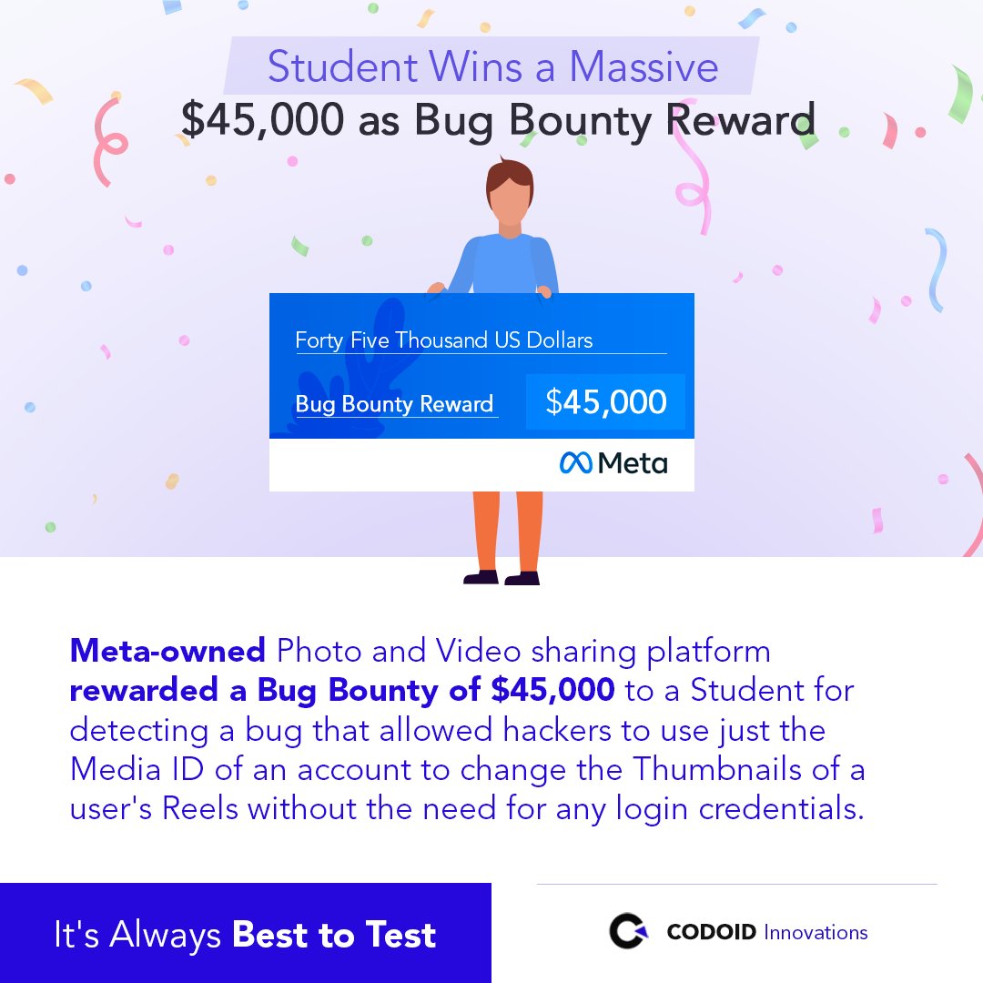 codoid's tweet image. Student Wins a Massive $45,000 as Bug Bounty Reward

In response to the report, the Meta App changed its infrastructure to stop similar vulnerabilities from happening in the future.

It&apos;s Always Best to Test

#codoid #alwaysbesttotest #besttotest #bugbounty #bugbountyreward #meta