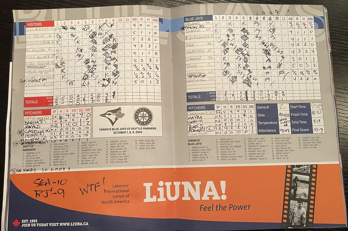 Dohboy6969's tweet photo. Despite a small hiccup in the bottom of the 2nd when I lost my pencil high fiving Teoscar’s homer..and the final score..scorecard complete..still trying to comprehend WTF happened tonight...🤦🏻♂️🍻🇨🇦⚾️#Postseason #NextLevel #BaseballNerd #OldSkool https://t.co/1SS08RJ14d