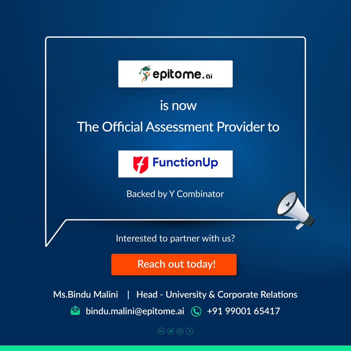 ai_epitome's tweet image. We're excited to announce that we are now the Official Assessment Provider of FunctionUp!
.
If you're interested to partner with us, reach out today! 
(Contact details are in the comment section)
#functionup #assessment #recruiters #trainingandplacement #students #upskilling
