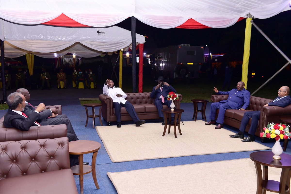 KagutaMuseveni's tweet photo. I received Their Excellencies; Salva Kiir (S. Sudan), William Arap Ruto (Kenya), Everiste Ndayishimiye (Burundi), Hassan Sheikh Mohamud(Somalia), Hussein Mwinyi (Zanzibar) yesterday at Speke Resort Munyonyo in Kampala. We discussed matters of mutual interest. https://t.co/bA9xGwyUjR