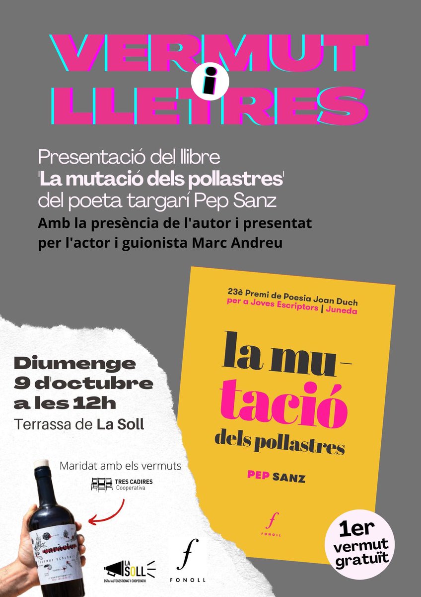 culturatarrega's tweet photo. Avui diumenge 9 d'octubre a les 12h, a La Terrassa de La Soll de #Tàrrega: presentació del llibre 'La mutació dels pollastres' del poeta targarí Pep Sanz. https://t.co/1XQU1WmhiR