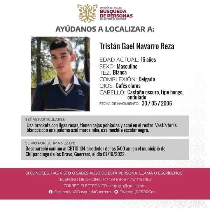 AhoraGro's tweet photo. Chilpancingo: Reportan desaparición de estudiante del Cbtis-134

El menor desapareció la mañana de ayer cuando se dirigía a la escuela 

Detalles: https://t.co/CVOqnAIwzM https://t.co/JemBmxiGOI