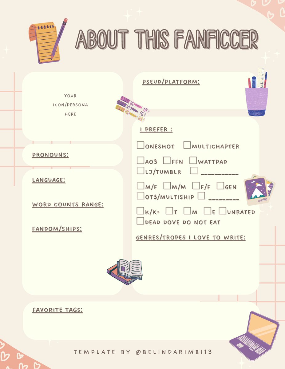 belindarimbi13's tweet photo. @chocoberrytoast ngedrop #Ask soal template fanficcer introduction, aku baru bikin versi sederhananya. Semoga membantu ya! https://t.co/0M3D9QVxaU