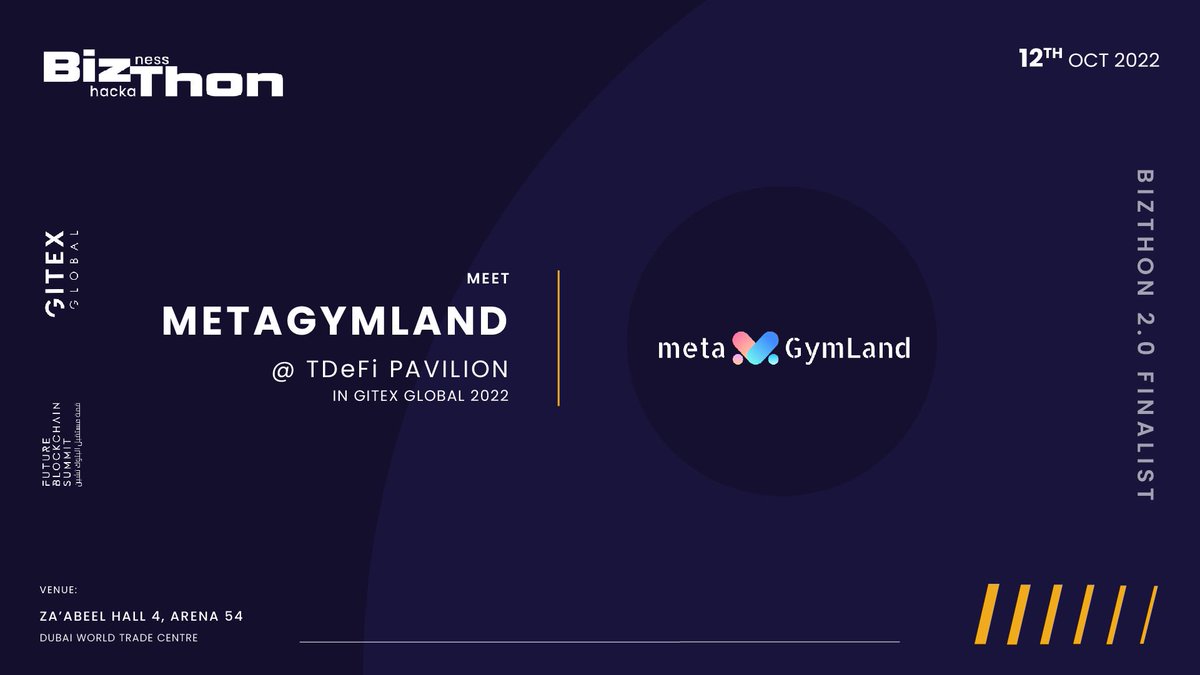 MetaGymLand team is attending the world’s largest tech and startup event <a href="/GITEX_GLOBAL/">GITEX GLOBAL</a> 2022. As the  BizThon 2.0 - global blockchain hackathon finalist we will have the honour to present  MetaGymLand in TDeFi pavilion! Thank you <a href="/Tde_Fi/">TDeFi</a> and see you in Dubai! 
#Blockchain #nft #ai