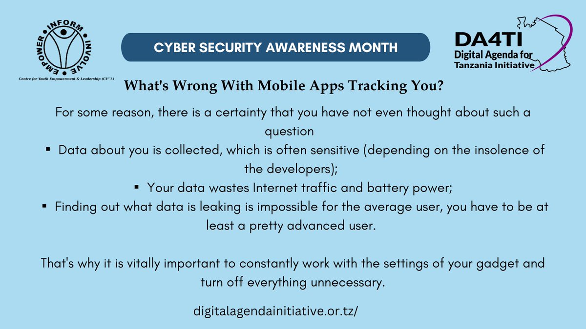 DigitalAgendaTz's tweet photo. SUNDAY TIP: What's Wrong With Mobile Apps Tracking You? 
#DigitalAgendaTz
#CybersecurityAwarenessMonth 
#CyberSecurity
#DidYouKnow 
#Tanzania 
#Africa https://t.co/UOK0tcZE3W