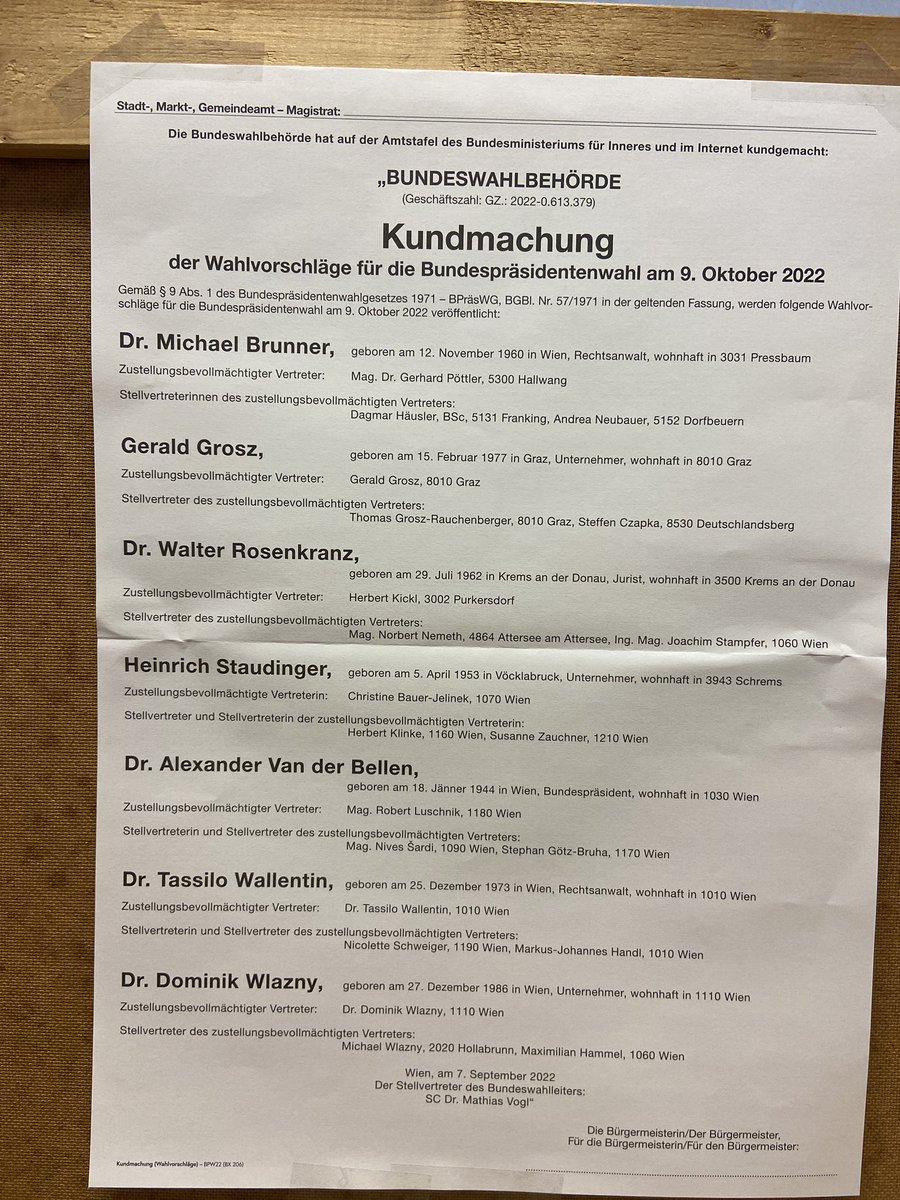 nisnis's tweet image. Here are the 7 candidates. One is a member of the far-right FPÖ, the rest don’t belong to any of the traditional parties. Most hold conservative, far-right views, oppose migration &amp;amp; pandemic restrictions. Another founded the „beer party“ to promote drinking (you guessed it)🍺