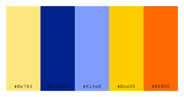 ColPaletteBot's tweet photo. Beep beep, here's a pretty color palette for you!
color-scheme.js parameters used:
- hue: 241
- variation: default
- colors: #ffe780, #01228d, #819eff, #ffce00, #ff6800
Have a lovely day!
#twitterbot #colorpalette #colors #palette #prettycolors https://t.co/LcBlxAkLes