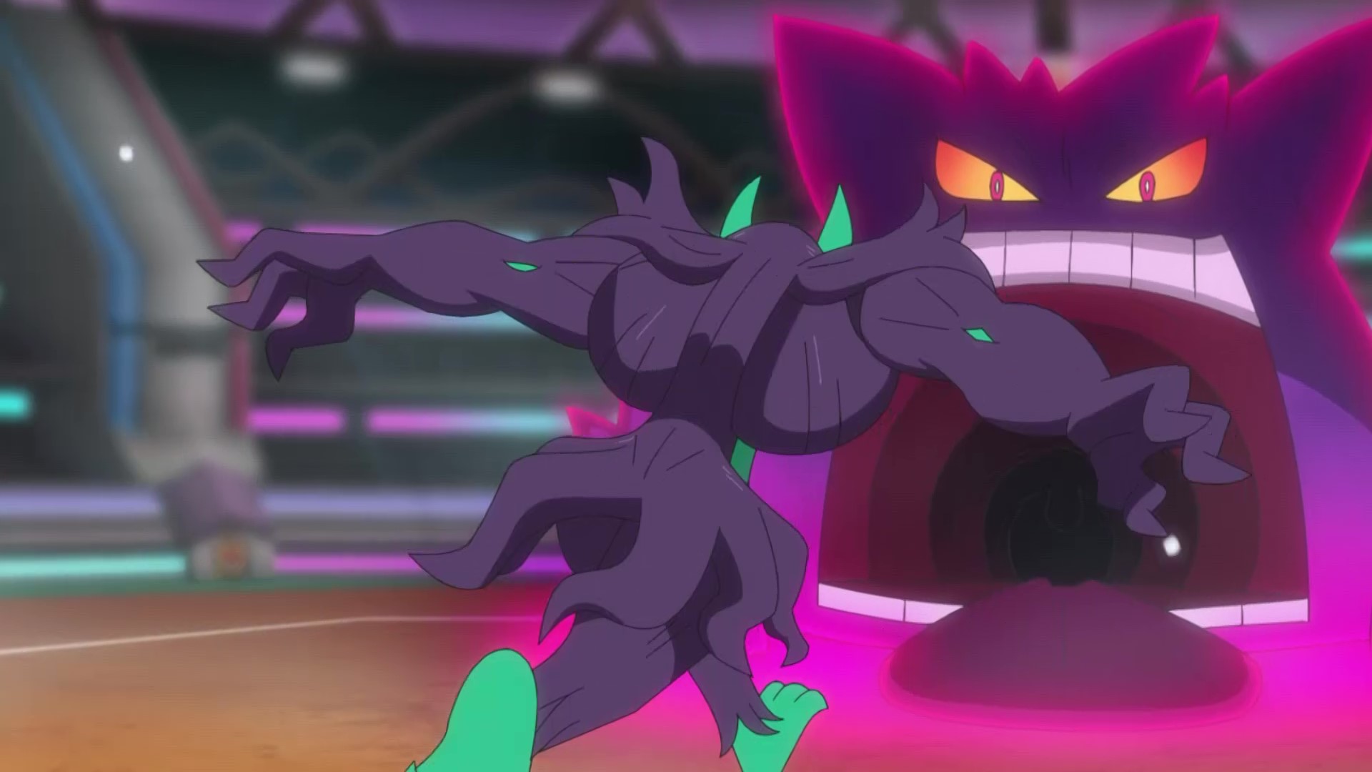 アニメ ポケットモンスター 公式 アニポケ サトシのポケモン振り返り キョダイマックス の切り札と変幻自在なわざを持つ ゲンガー スパイクタウンのマリィとのバトル キョダイマックスして オーロンゲ を飲み込み 元に戻ることで 無防備な