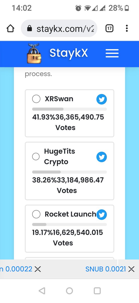If the <a href="/xrocketlaunch/">Rocket Launch</a> #community support @HugeTitsCrypto in this week's #Staykx vote I am sure they would return the favour next week 💥 just over 3m votes are needed