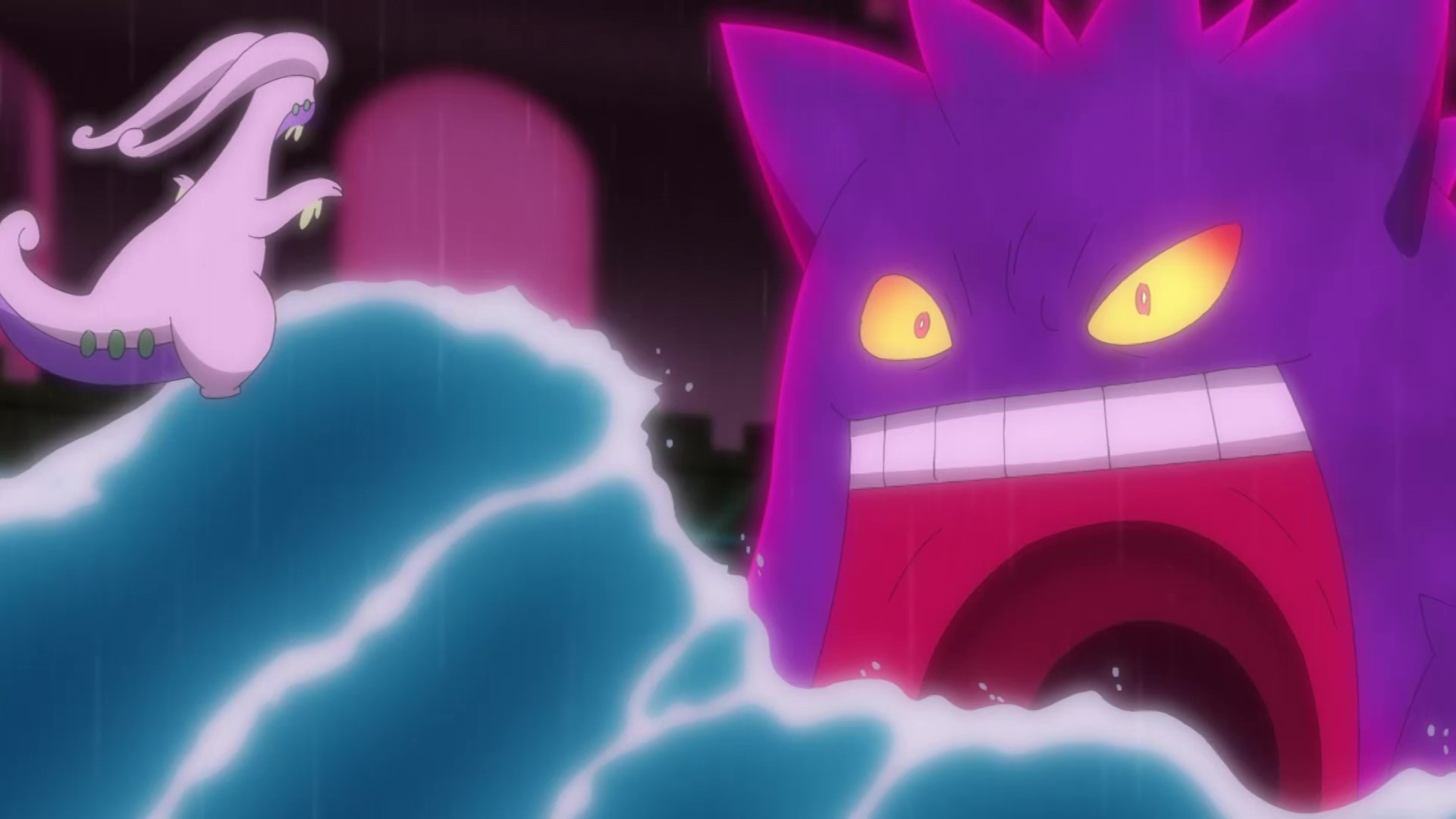 アニメ ポケットモンスター 公式 アニポケ サトシのポケモン振り返り キョダイマックス の切り札と変幻自在なわざを持つ ゲンガー スパイクタウンのマリィとのバトル キョダイマックスして オーロンゲ を飲み込み 元に戻ることで 無防備な
