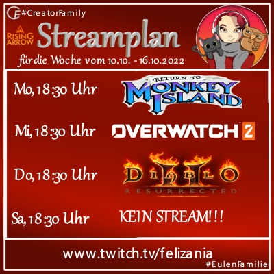 Felizania1's tweet photo. #streamplan

#ReturnToMonkeyIsland am Montag
#Overwatch2 am Mittwoch (Mitspieler gesucht)
#Diablo2Resurrected #Terrorzonen am Donnerstag
(Mitspieler gesucht)

Freu mich auf euch <3
https://t.co/JFJrzZ7yer

#EulenFamilie #CreatorFamily #RisingArrow #twitch #twitchDE #GermanMediaRT https://t.co/cdzjUWFWpg