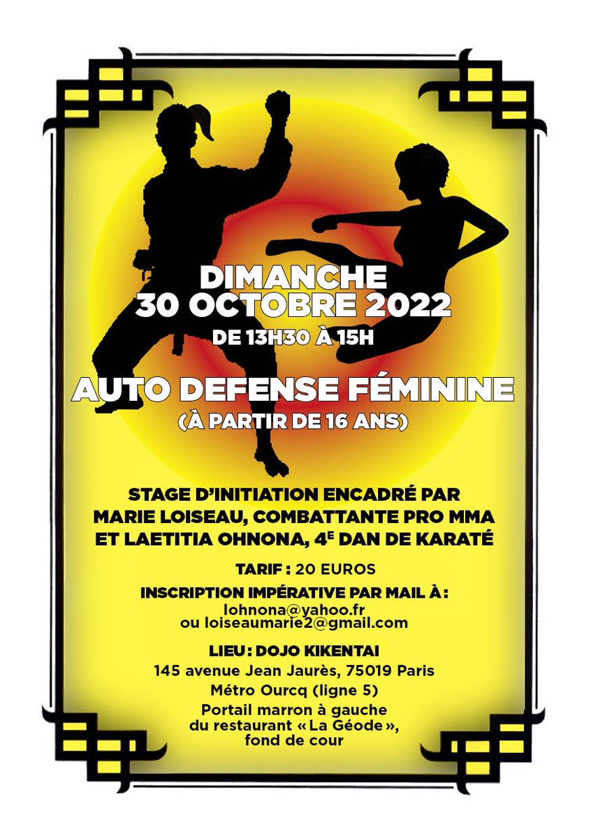 Je ne fais pas que des documentaires sur les violences sexuelles. J’utilise aussi ma pratique du karaté pour transmettre quelques techniques simples d’autodéfense. Prochain stage le 30 octobre avec une combattante pro de MMA Marie Loiseau 👊🏻. Inscription obligatoire par mail 👇🏼