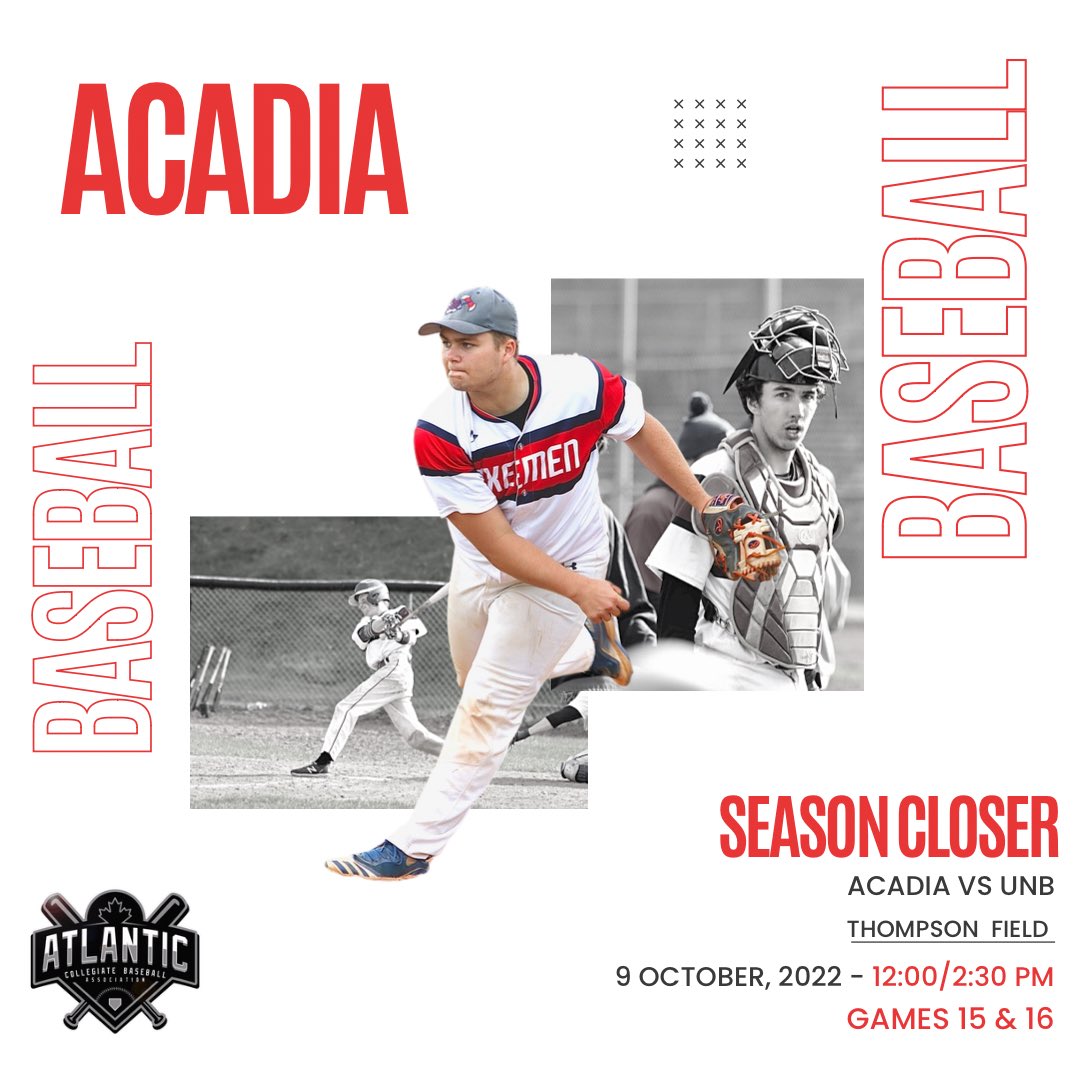 ⚾️ GAME DAY ⚾️ 

Axemen look to close out the season on a high note with the final games of the season wrapping up against UNB in Fredericton.

Game times are scheduled for 12:00 and 2:30pm

#GoAcadiaGo
