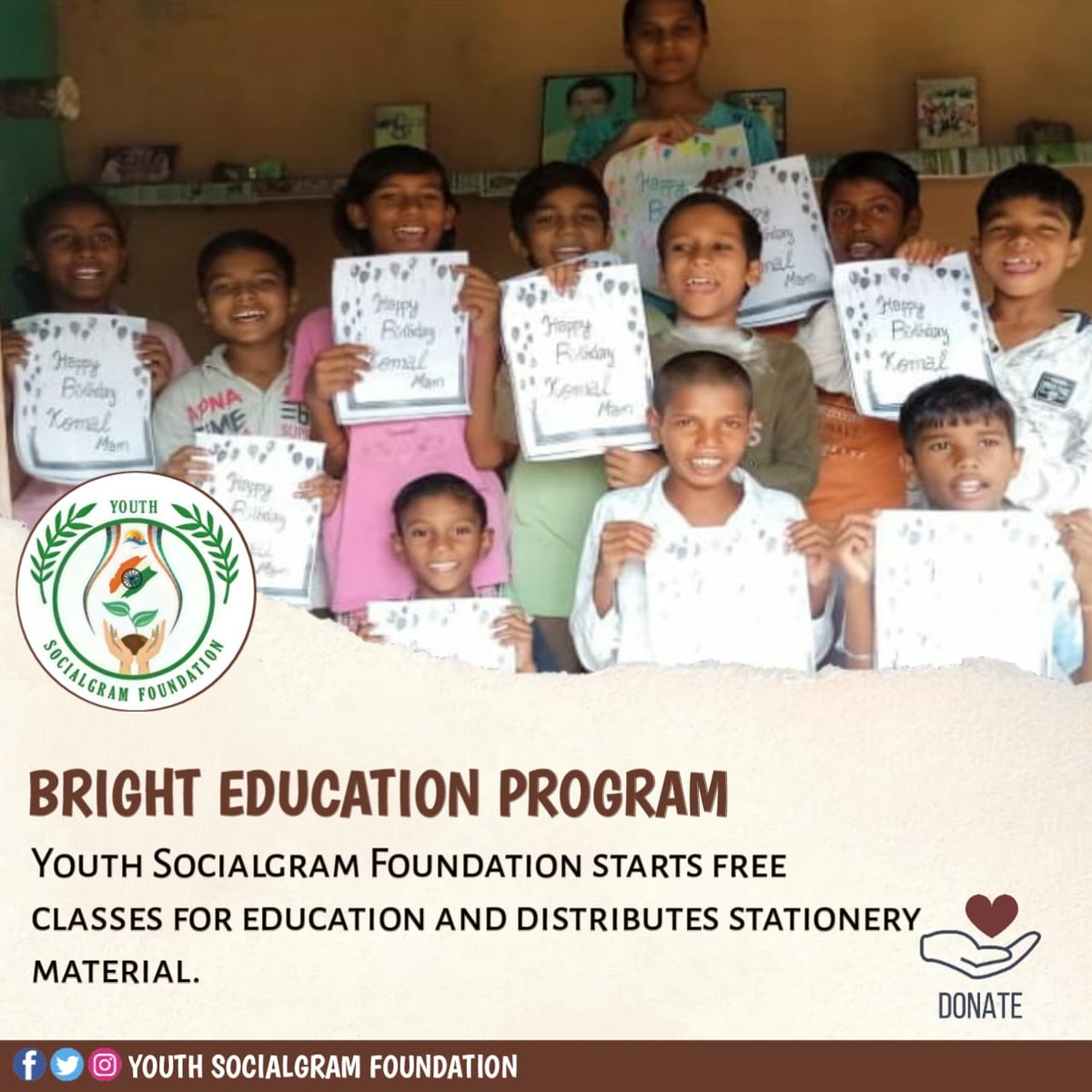 SocialgramNGO's tweet image. यूथ सोशलग्राम की सोनीपत ईकाई द्वारा राष्ट्रीय अध्यक्षा जी के जन्मदिवस पर &quot;Bright Education Program&quot; के तहत शिक्षा गृहण करने वाले बच्चो ने चित्रकला की प्रस्तुत।
#YouthSocialgramFoundation 
#TreePlantation
#BrightEducationProgram