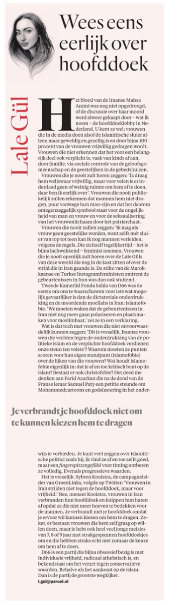 MajaMischke's tweet image. Wat een fantastische column van @AmsterdamLale over de hoofddoek, de zogenaamde vrijheid om hem te dragen en feministen. #MahsaAmin