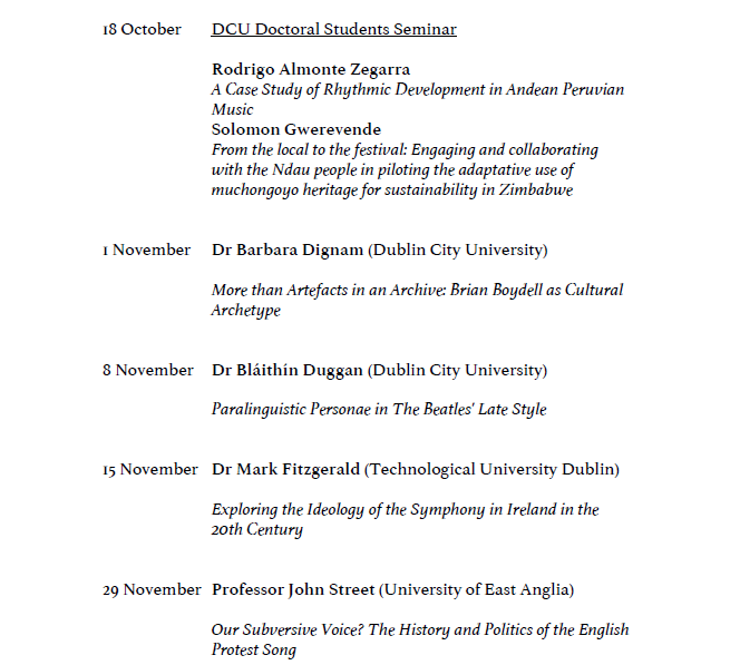 Music @ DCU (@music_dcu) on Twitter photo All welcome to tune in for our Online Music Research Seminar Series, beginning Tuesday 18th October, 6pm-7.30pm, on Zoom. To register for individual seminars or for the entire series, please email mary.hayes@dcu.ie <a href="/DCU/">Dublin City University</a> <a href="/HumanitiesDCU/">Faculty of Humanities & Social Sciences @ DCU</a> All welcome to tune in for our Online Music Research Seminar Series, beginning Tuesday 18th October, 6pm-7.30pm, on Zoom. To register for individual seminars or for the entire series, please email mary.hayes@dcu.ie <a href="/DCU/">Dublin City University</a> <a href="/HumanitiesDCU/">Faculty of Humanities & Social Sciences @ DCU</a>