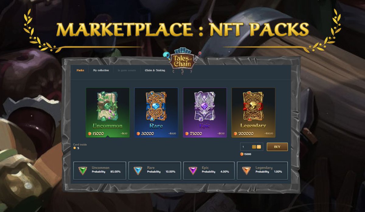Packs prices: #Pack #NFT #P2E #TALE 

🟩 Uncommon pack - 15 000 TALE
🟦 Rare pack - 30 000 TALE
🟪 Epic pack - 75 000 TALE
🟧 Legendary pack - 200 000 TALE

Each pack contains 5 cards.

More information: t.me/talesofchain

🪙 Get TALE token - mexc.com/exchange/TALE_…