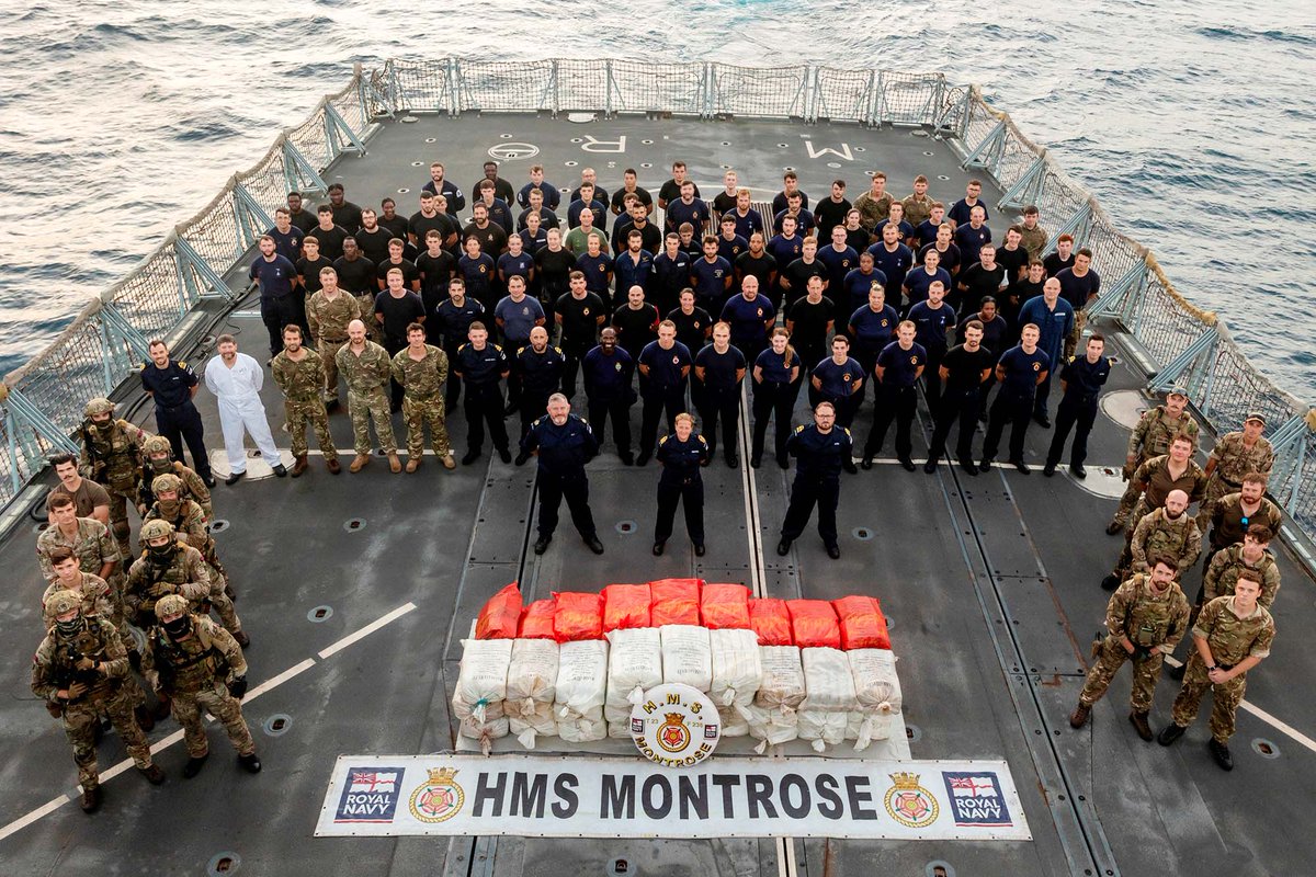 .<a href="/HMSMontrose/">HMS MONTROSE</a> makes her 5th drugs bust of the year. Boarding team recovered 870kg of crystal methamphetamine from a dhow in the Arabian Sea worth c£15.5M.

#CTF150 <a href="/UKMCCMiddleEast/">UKMCC Middle East</a>
<a href="/42_commando/">42 Commando Royal Marines</a>