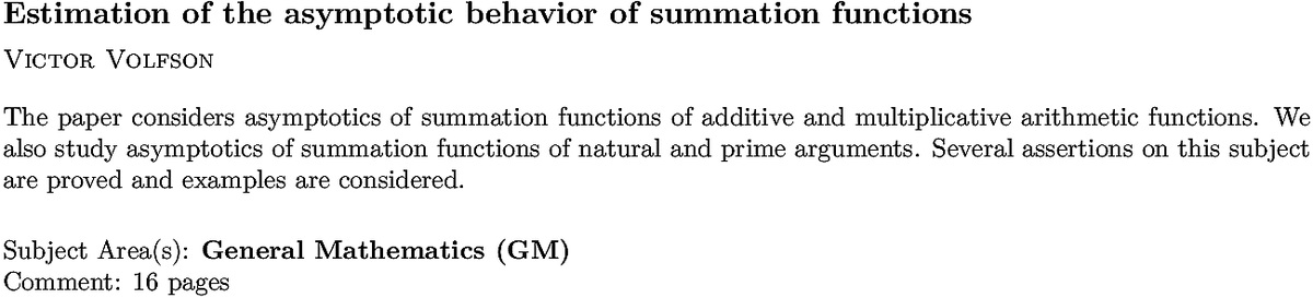 arxiv.org/abs/2210.02900…
V Volfson
Estimation of the asymptotic behavior of summation functions