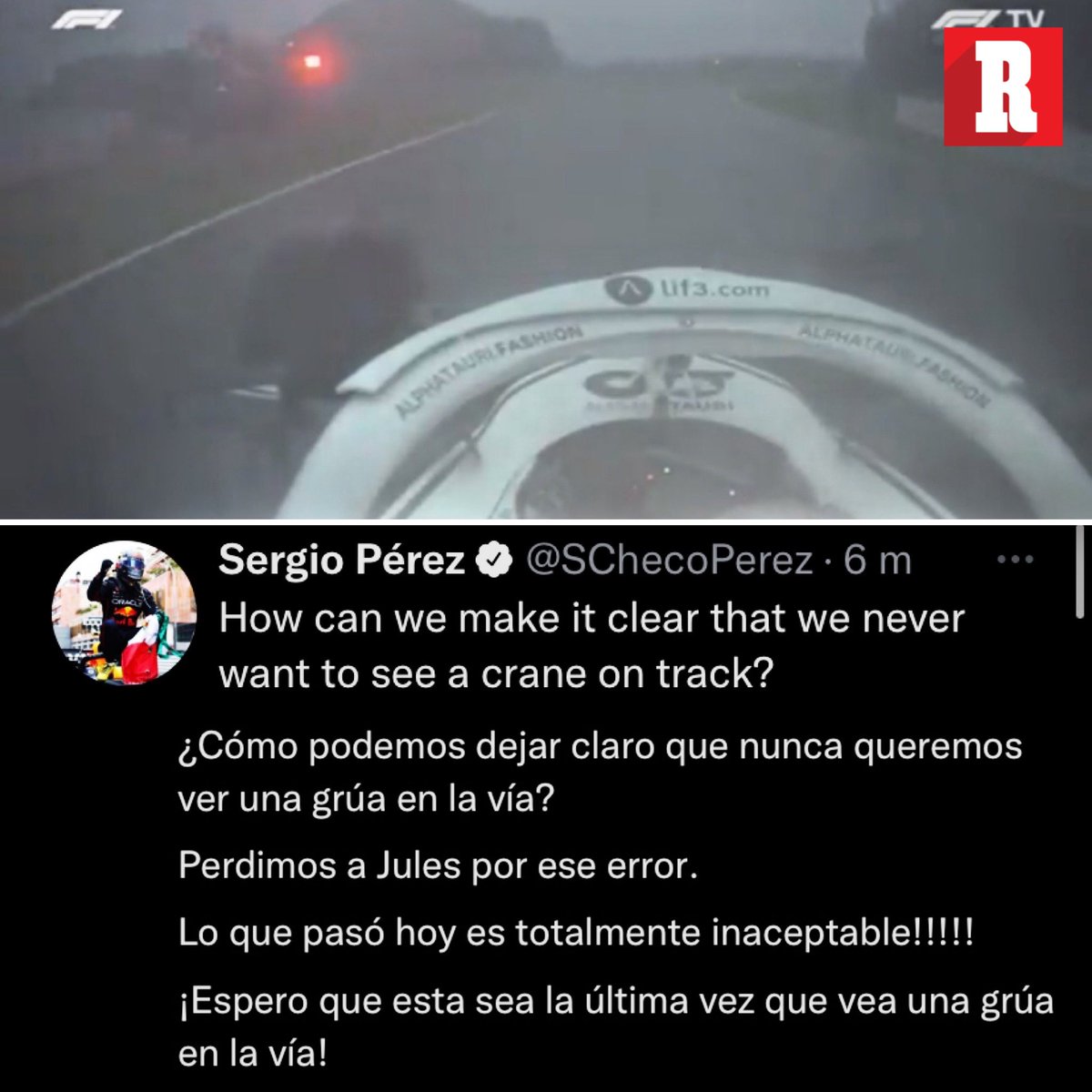record_mexico's tweet image. Checo Pérez muy molesto después del incidente de la grúa en el #JapaneseGP 

"Perdimos a Jules por ese error"

EN VIVO: bit.ly/3fNlWyV