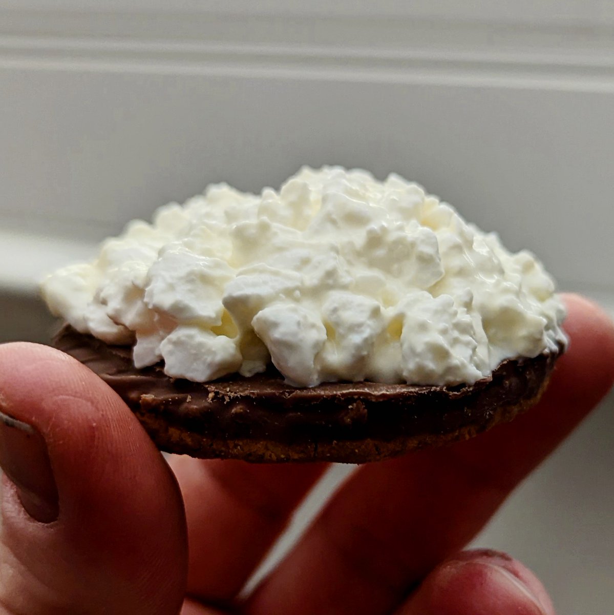 wonkothesane's tweet photo. A match made in hospital? I found myself restricted to a hospital room for several hours with my wife and son with limited food. It struck me that the best cottage cheese ever from @Longley_Farm might be delivered to my gob atop a GF @McVities HobNob. Life-changing! https://t.co/T3Wq0DDeBX