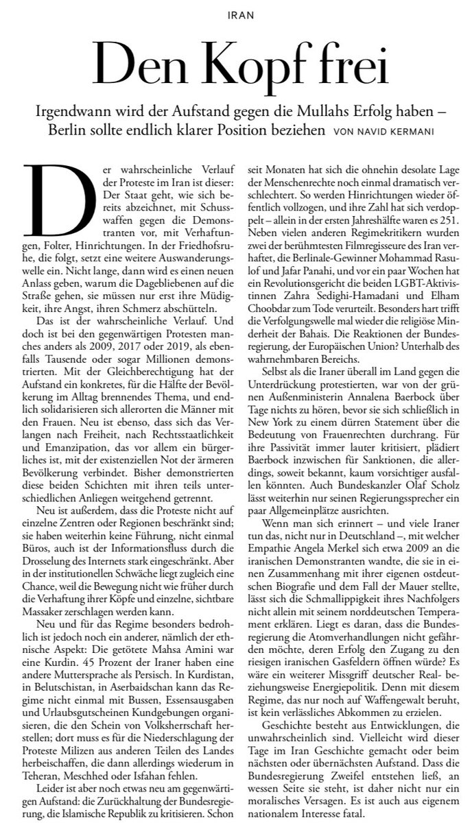 Lesenswerter Kommentar in der ZEIT von #NavidKermani. Menschenrechte sollten auch im Iran gelten.
Die @BReg_Bund und @ABaerbock könnten sich ein Beispiel mit Handlungsoptionen an Canada nehmen #IranProtests #IranProtests2022 #MahsaAmini