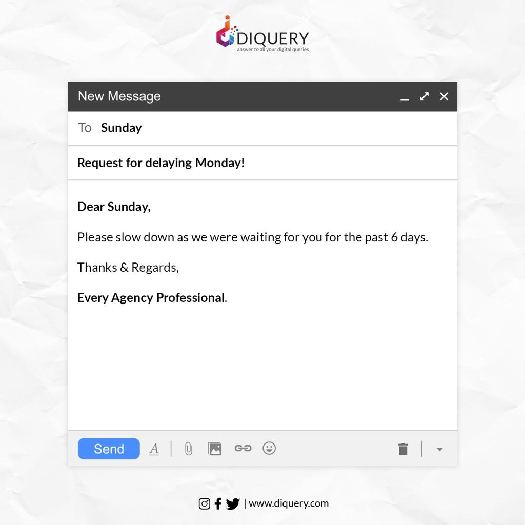 Diquerydigital's tweet photo. Every Sunday mood ever. ๐ฅบ
#email #agencylife #Agencyfolks #sunday #emailwriting #sundayvibes #sundayfunday #happyweekend๐ #weekendbreak #avoidmonday #DigitalAgency #DiqueryDigital https://t.co/9oi417jeTc