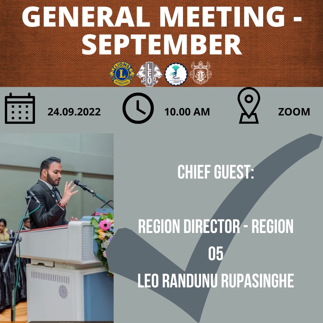 LCCK_II's tweet photo. It's time for our Third General Meeting!

We can't wait to see our Knights at our September General Meeting! 
Chief Guest: Leo Randunu Rupasinghe (Region Director - Region 05, Leo District 306 C2)

#TeamKnights
#ProudLeo
#306C2Leos
#WeServe
#LeosofSriLanka
#InspireInnovateImpact https://t.co/VGznoTlSjr