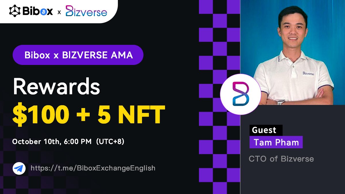 🎙Bibox  x Bizverse AMA
⏰6:00 p.m, October 10th (UTC+8)
📍Location: t.me/BiboxExchangeE…
🌟Reward: 100$ +5 NFT
Rules:
✅RT+Like+Tag3️⃣friends
✅Follow 
<a href="/BiboxFutures/">Bibox Futures</a>
@Muli_Bibox
<a href="/BizverseWorld/">Bizverse</a>
✅Join t.me/BiboxFutures_EN
✅Comment your Question + Bibox Bep20 wallet address