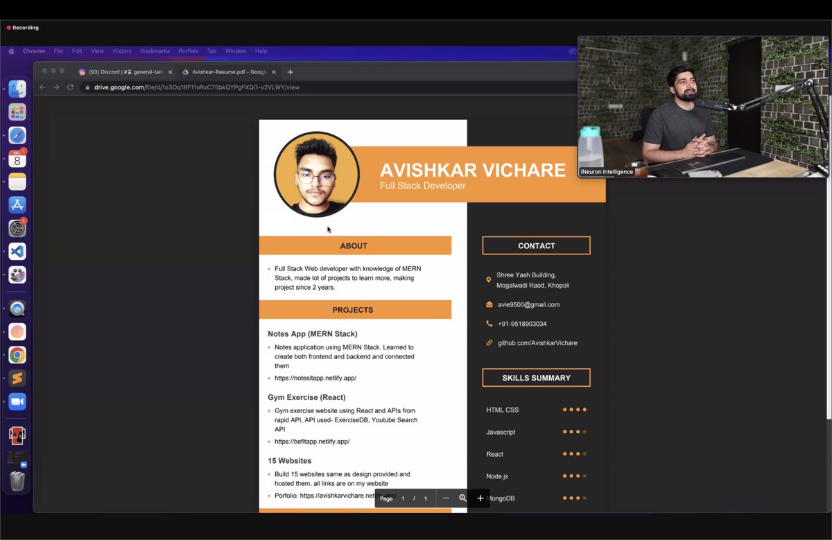 yntpdotme's tweet image. JavaScript Full Stack Web Development 🔥📈

Week 12: Resume Review &amp;amp; React Intro🥳

Thank you @Hiteshdotcom Sir for geeking out small things about our Resume. Today&apos;s React class was mindblowing. 

#js #reactindia2022 #webdevelopment #100DaysOfCode #Bootcamp #100Devs