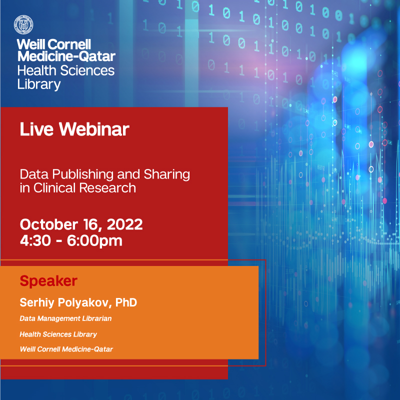 cpd_wcmq's tweet photo. Join 1.5 hours free Zoom webinar on “Data Publishing and Sharing in Clinical Research” presented by Dr. Serhiy Polyakov from @WCMQLibrary on October 16, 2022.
Register at: https://t.co/rjoXbbTLBy
#ResearchData #ResearchDataManagement #RDMsupport #FAIRdata https://t.co/ybcbJ3fTFD