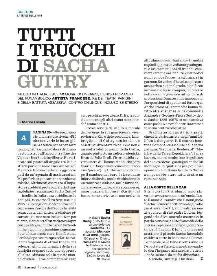 GiCivi's tweet photo. Tutti i trucchi di Sacha Guitry
Inedito in Italia, esce “Memorie di un baro”, l’unico romanzo del funambolico artista francese, re dei teatri parigini e della battuta assassina contro chiunque, incluso sé stesso.
Marco Cicala @ilvenerdi https://t.co/X9BxMJ6Edi
#Franzosini https://t.co/vSqG6uv6LV