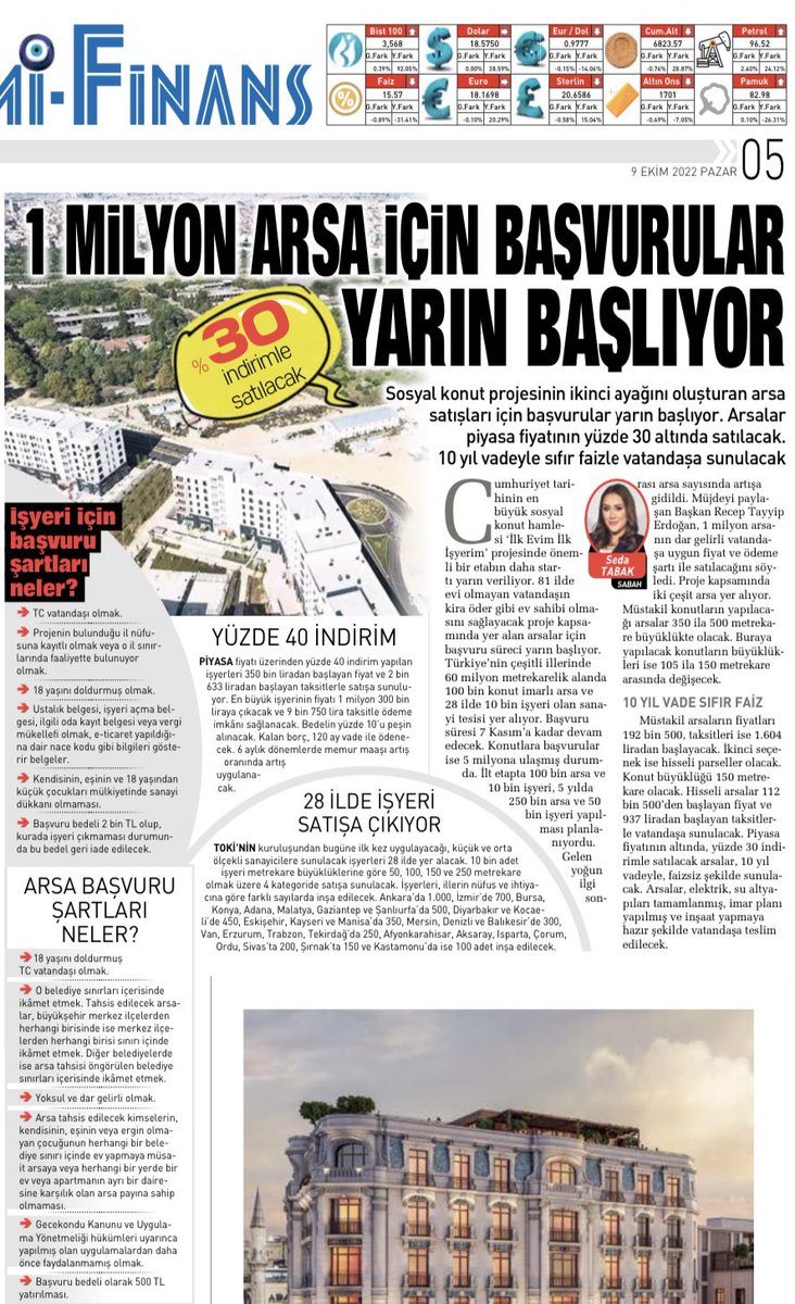 Sosyal konut projesinin ikinci ayağını oluşturan arsa satışları için başvurular yarın başlıyor. Arsalar piyasa fiyatının yüzde 30 altında satılacak. 10 yıl vadeyle sıfır faizle vatandaşa sunulacak. m.sabah.com.tr/ekonomi/1-mily…